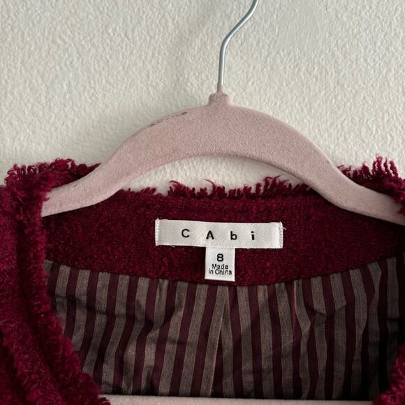 CAbi Merlot Fringe Trim Zip Up Wool Blend Boucle Jacket Size 8 - Picture 5 of 9